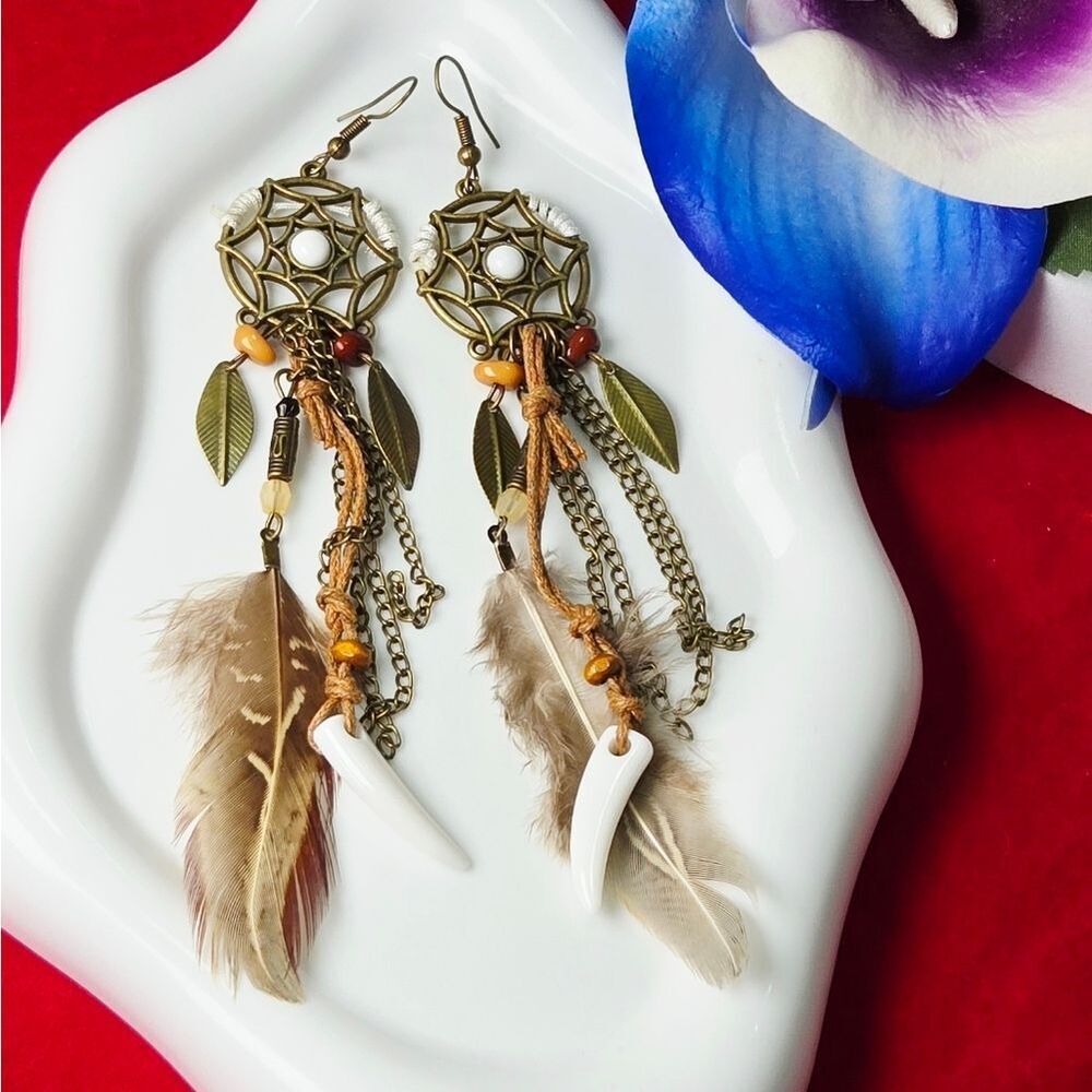 Dreamcatcher Feather Tassel Earrings Long Chain Talisman Boho Western Chic NWT